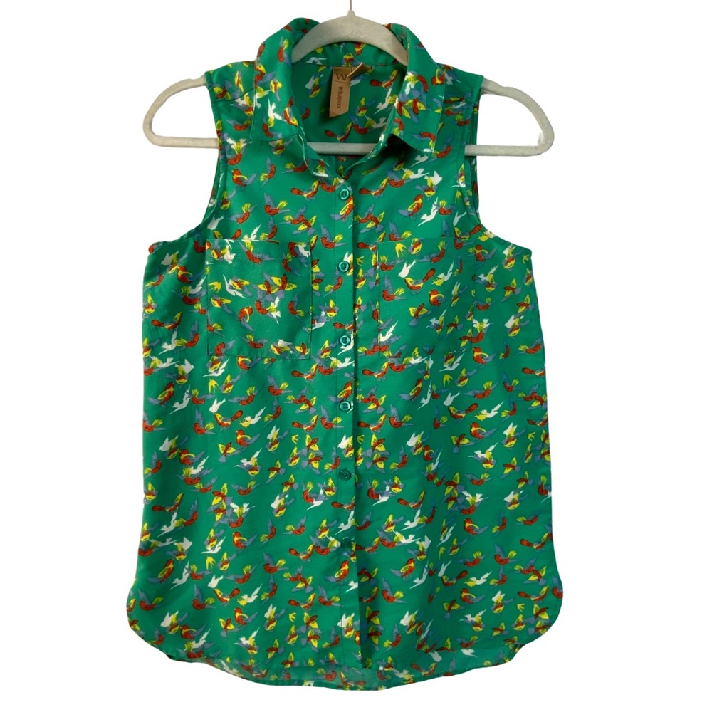 Whispers Sleeveless Green Bird Pattern Button-Up Top Size M